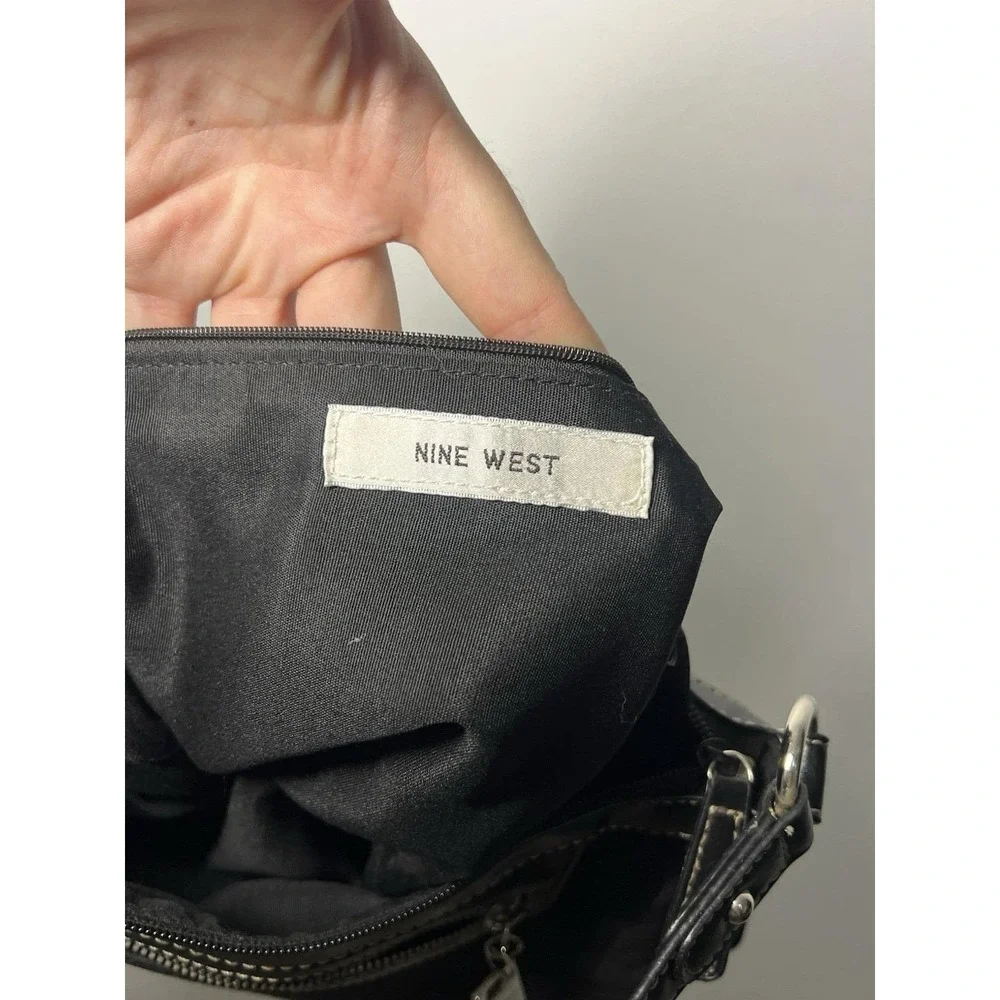Y2K Nine West Black Canvas Shoulder Bag Purse Zip Top w/Silver Hardware 12x4x4